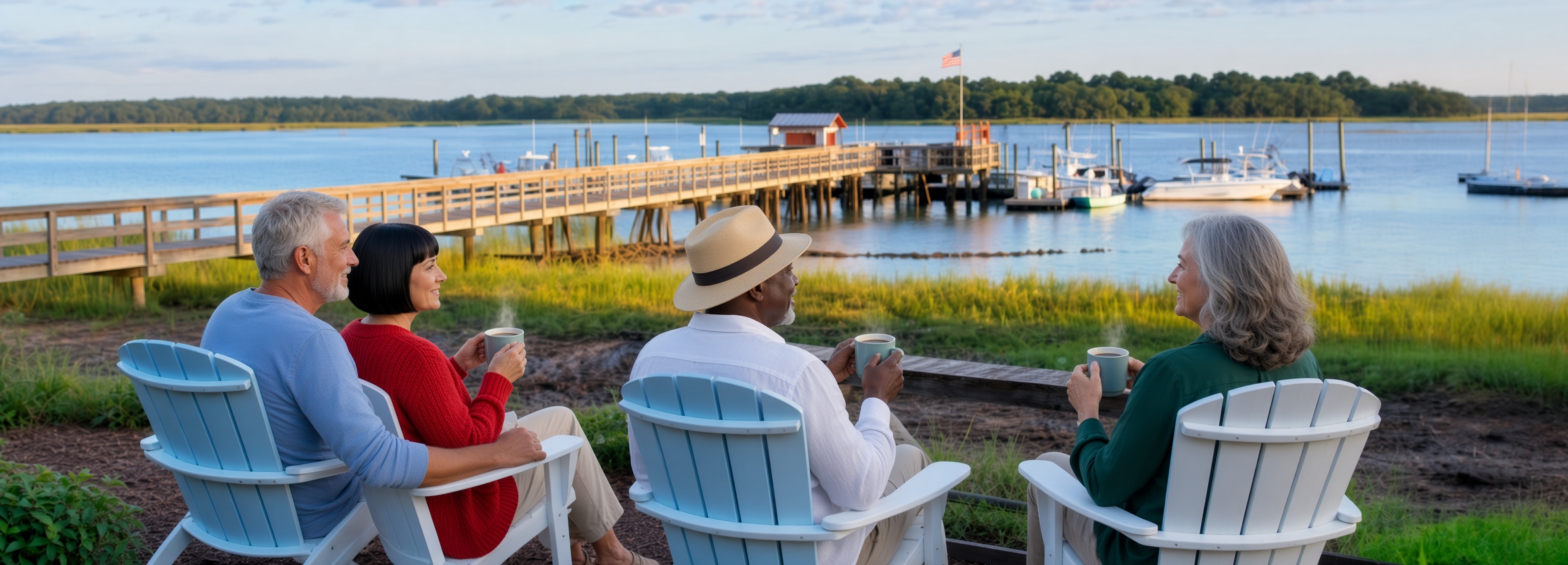 Snowbirds enjoying coffee by the water on Hilton Head Island