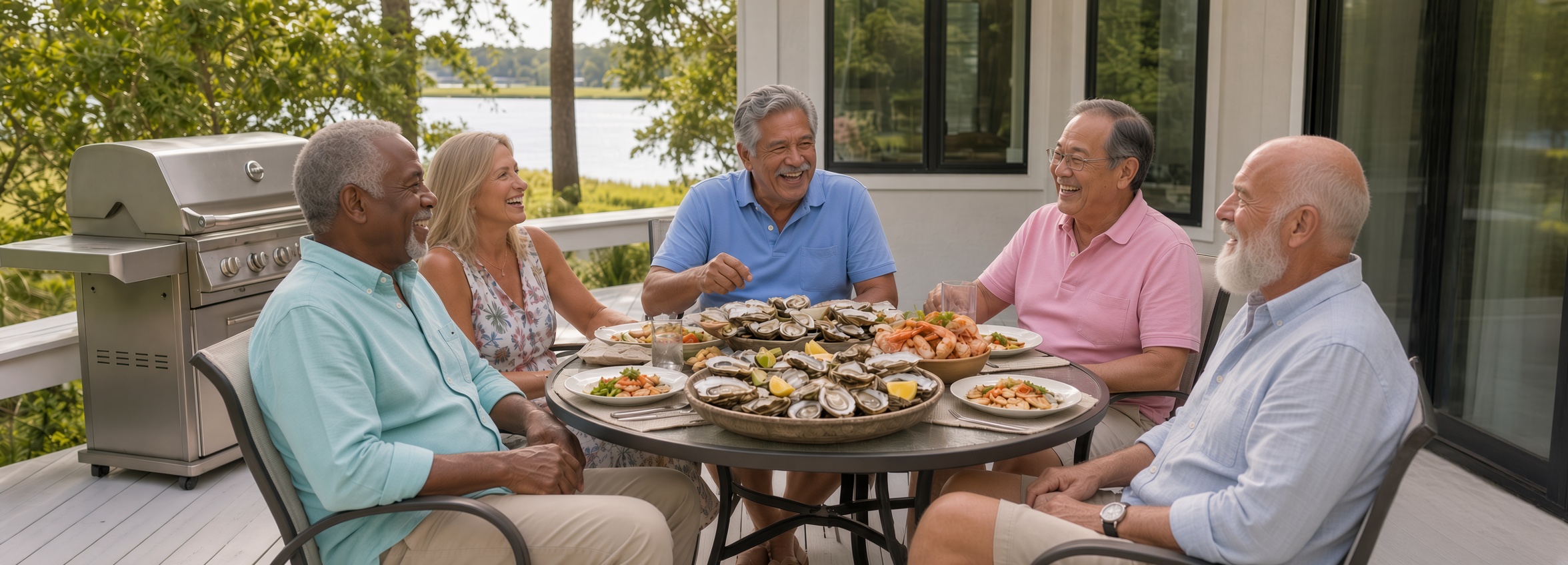 Snowbirds enjoying a backyard seafood gathering on Hilton Head Island