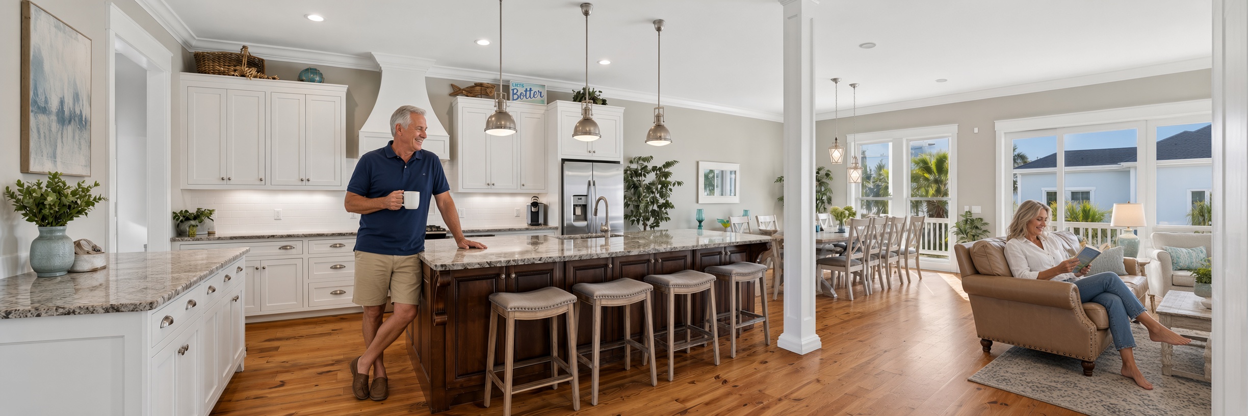 Mature couple enjoying the kitchen and living area of a Hilton Head vacation rental