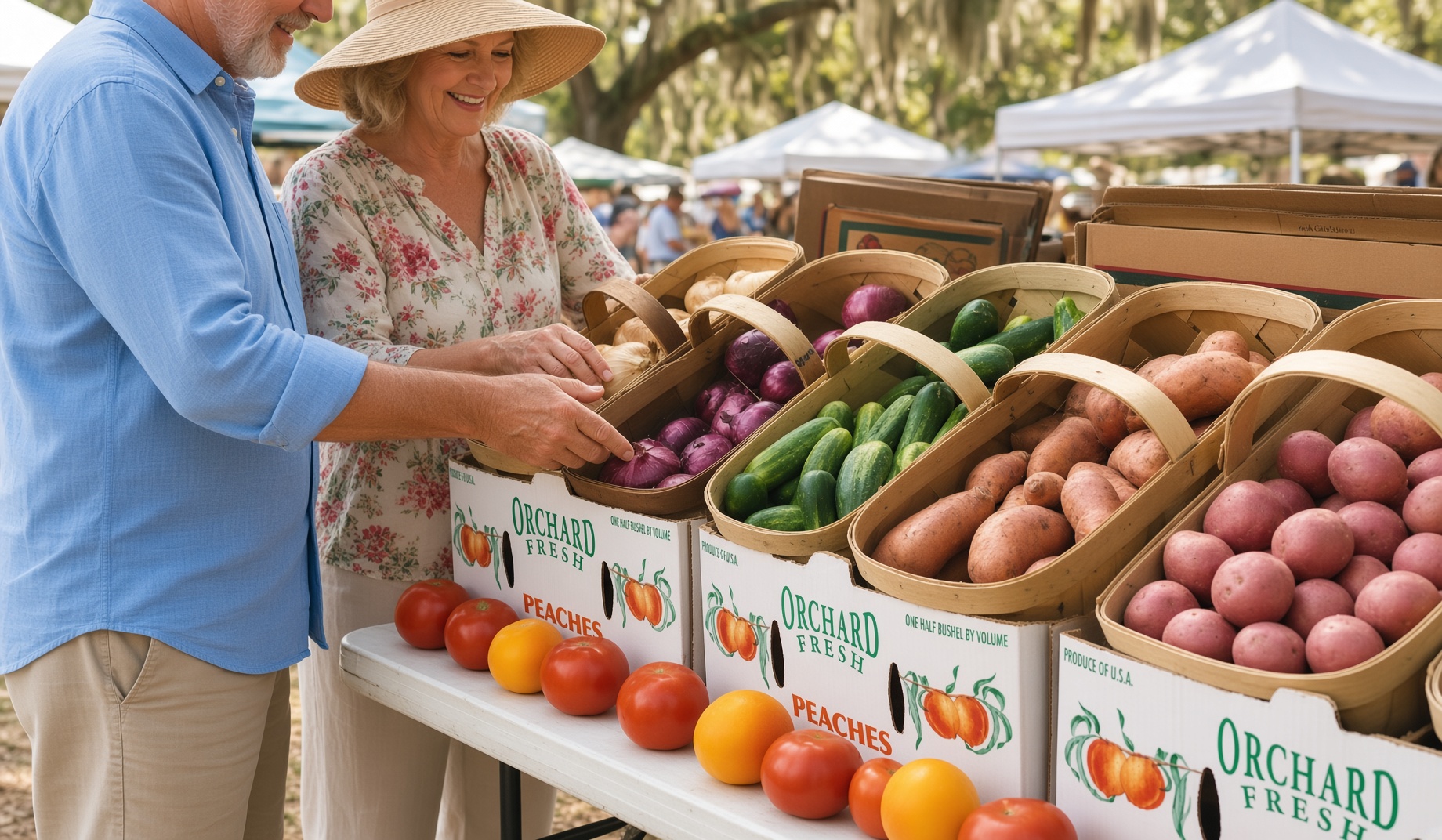 Snowbird couple shopping at a farmers market on Hilton Head Island