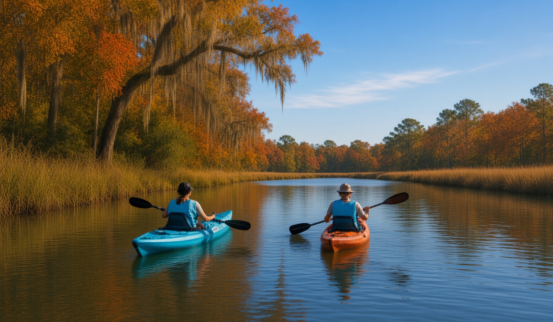 Snowbirds kayaking through a Lowcountry waterway near Hilton Head Island