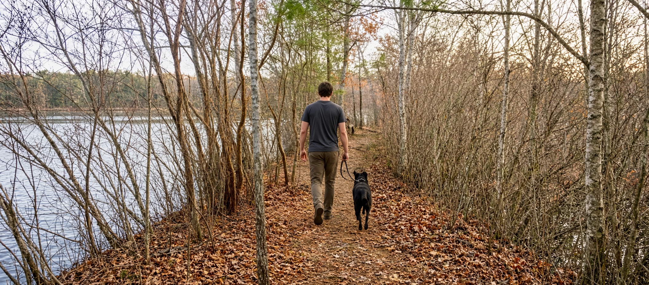 Person walking a black dog on a wooded trail beside a lake