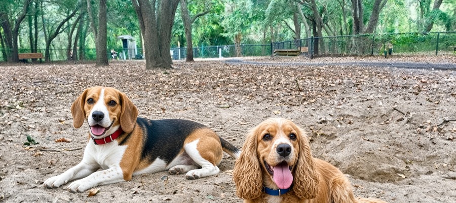 Beagle and spaniel resting together in a shaded dog park on Hilton Head Island