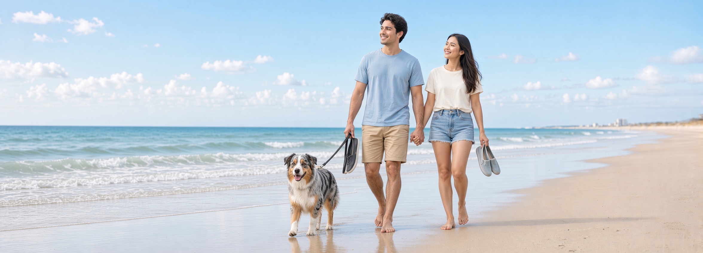 Couple walking their dog on the beach on Hilton Head Island