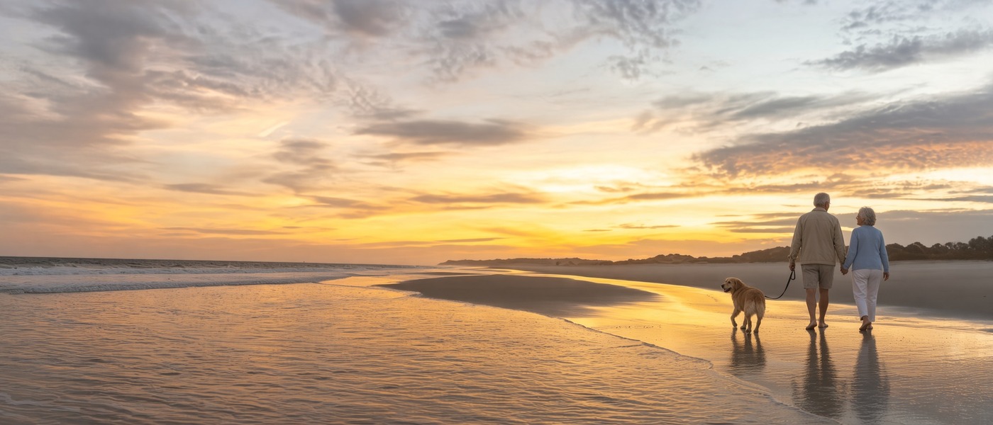 Dog walking on the beach on Hilton Head Island