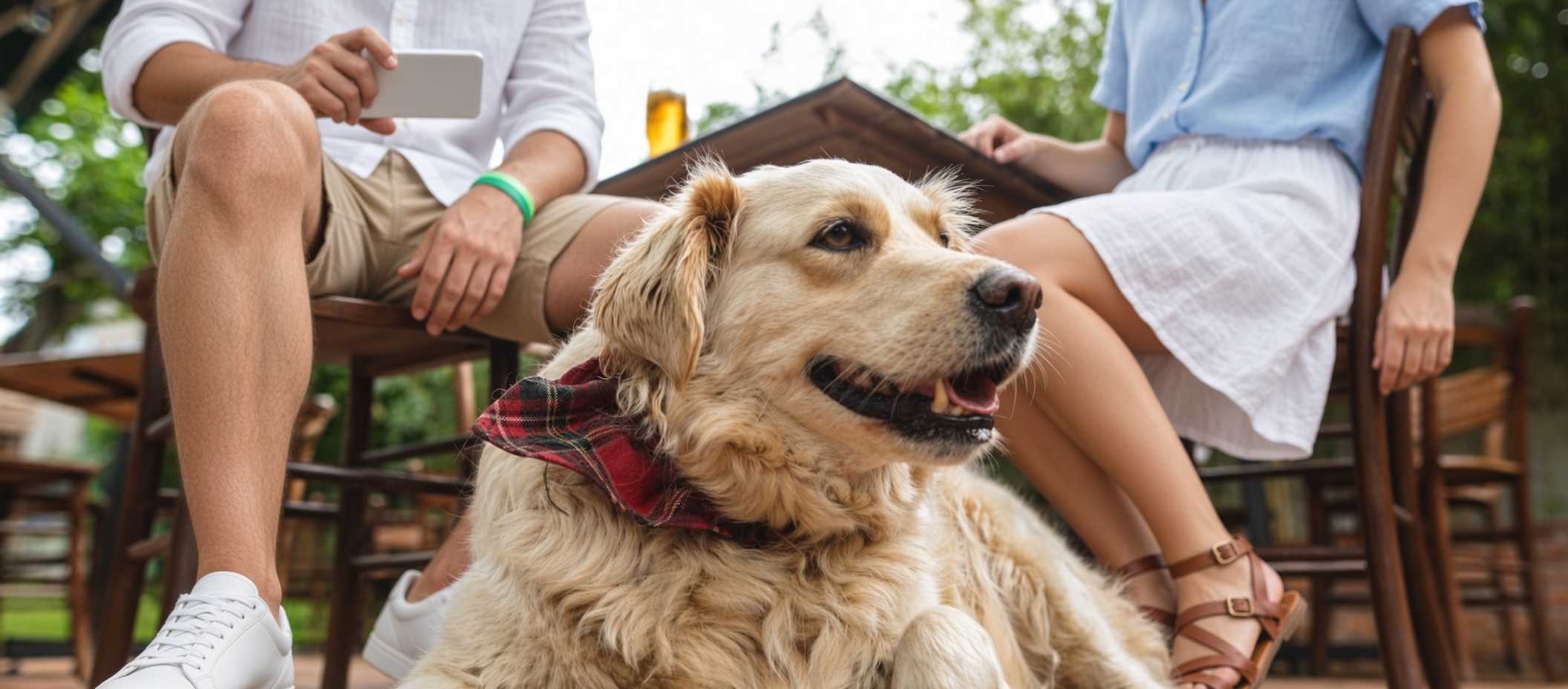 Golden retriever wearing a red plaid bandana beside diners at an outdoor restaurant
